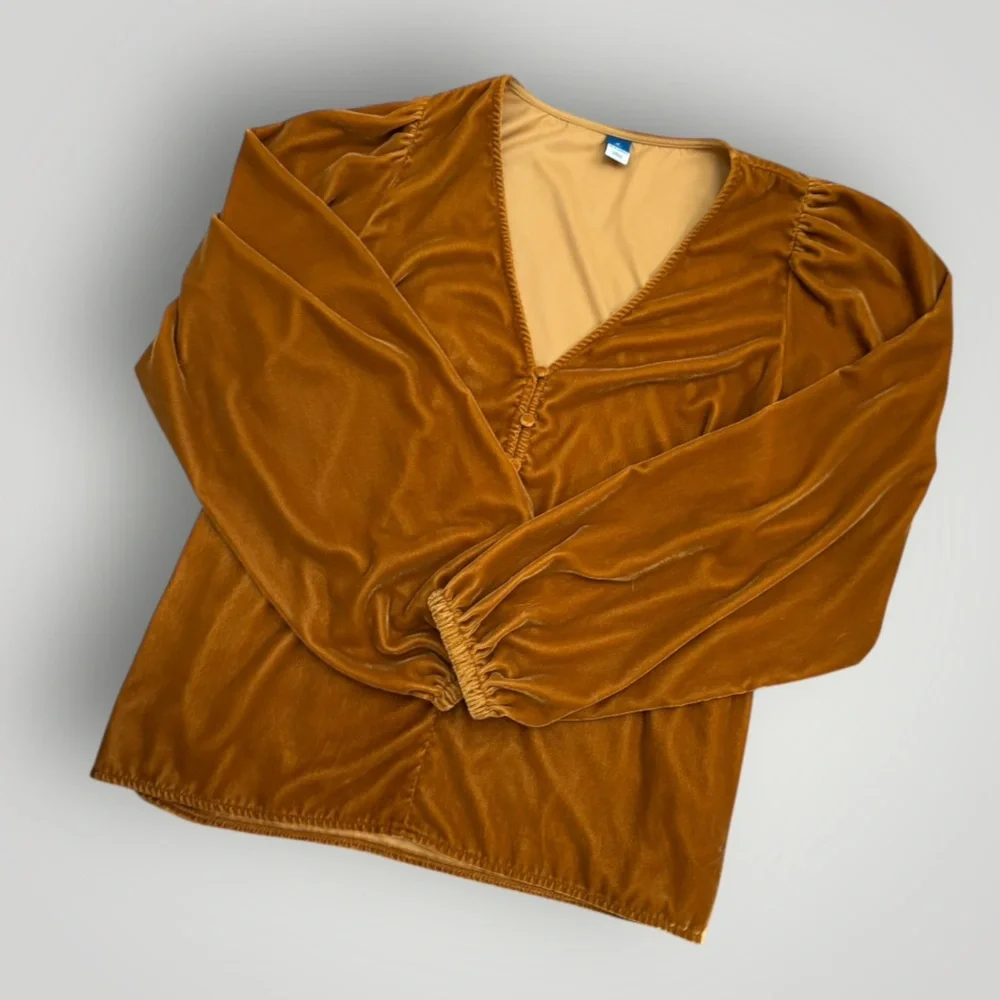 Old Navy Mustard Gold Romantic Velvet V-Neck Top Long Puff Sleeves Size M Tall